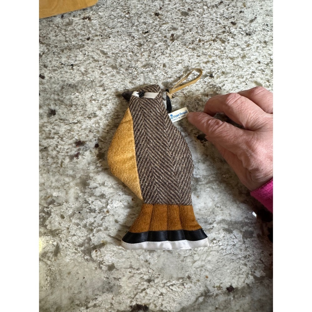 Lady Slipper Designs Bird Ornament Brown Herringbone Tweed Yellow Folk Art J2.a